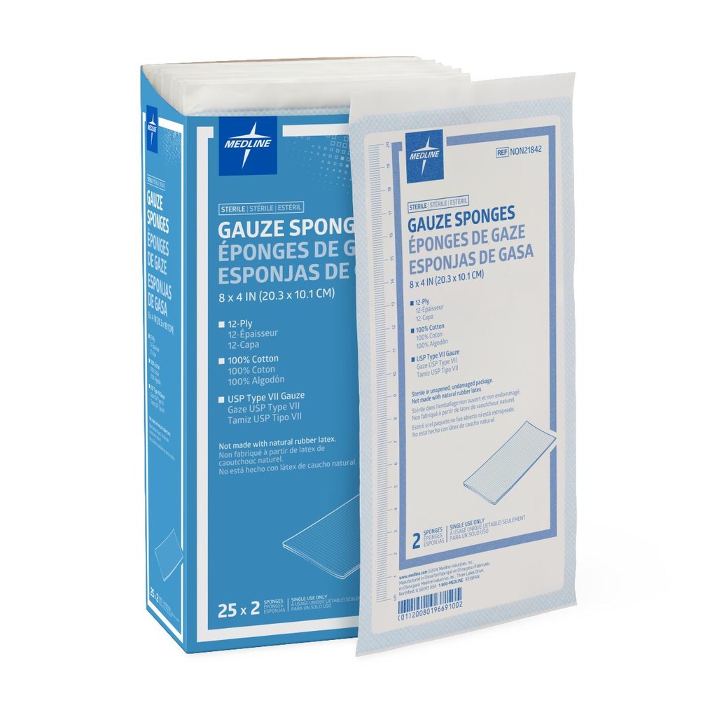 Sterile 100% Cotton Woven Gauze Sponge 8" X 4" 12PLY, 25 / Box