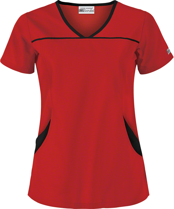 UA Women's 4 Pocket Princess Seam Scrub Top - MEDIUM/ RED BLACK