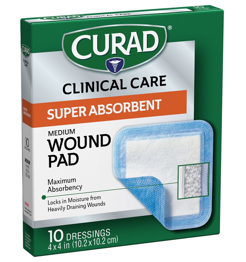 CURAD Clinical Advances Super Absorbent Polymer Wound Dressings, 4" x 4",  10/Box