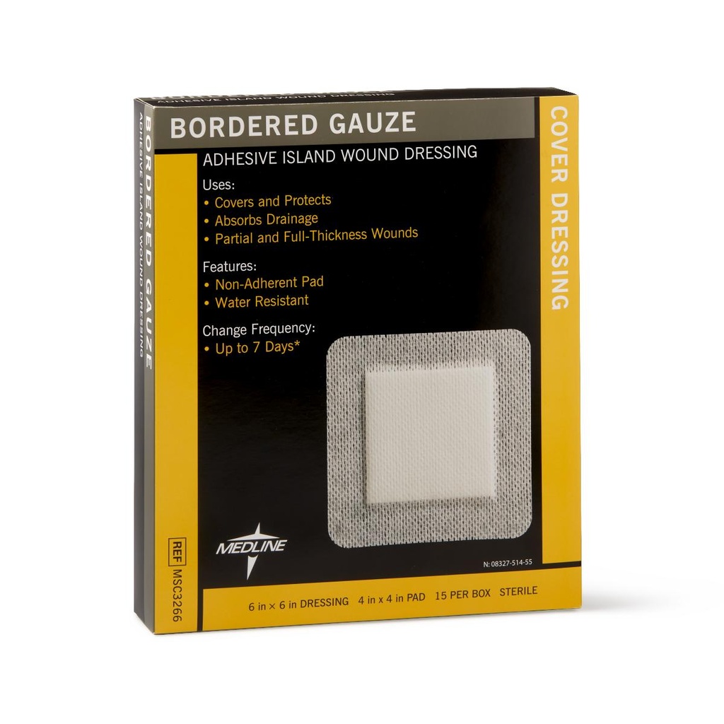 Medline Bordered Gauze Island Dressing 6" x 6" with 4" x 4" Pad, 15 / Box