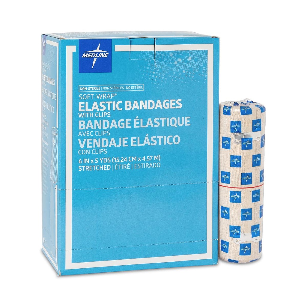 BANDAGE, ELASTIC, SOFT-WRAP, 6" X 5YD, CLIPS