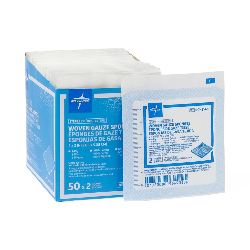 Medline Sterile Woven Gauze Sponge - 2" X 2" (50 x 2-Pack)