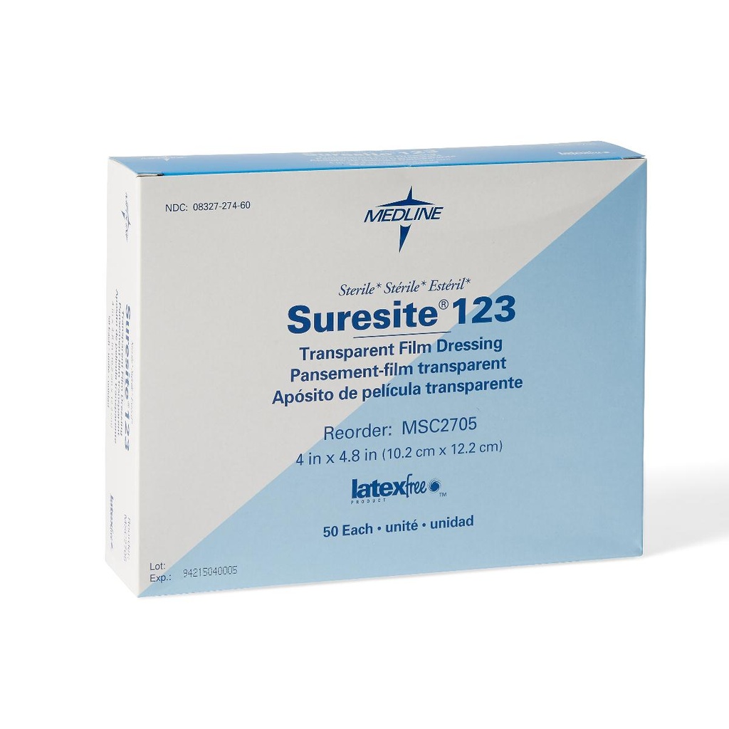 Medline SureSite 123 Transparent Film Dressing - 4'' X 4.8" (Box of 50)