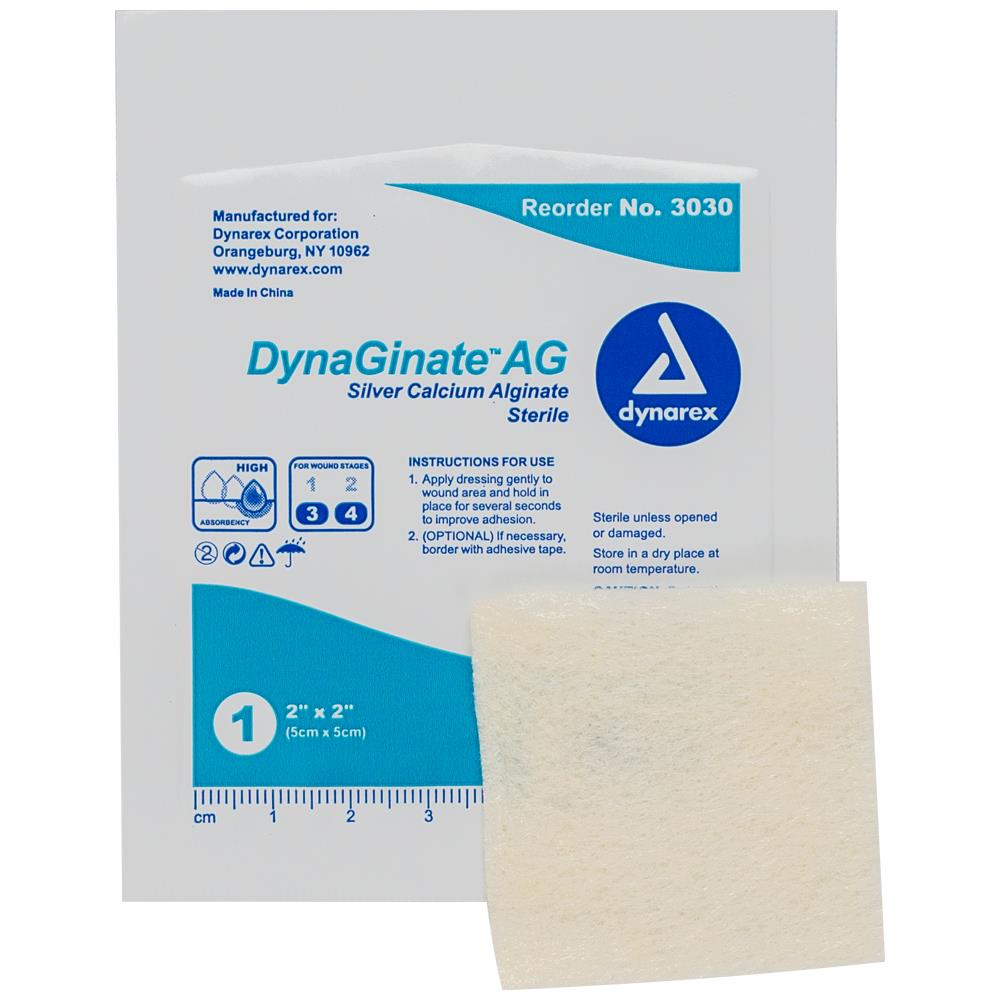 Dynarex DynaGinate AG Silver Calcium Alginate Dressing, Sterile, 4" x 5", 10/Box