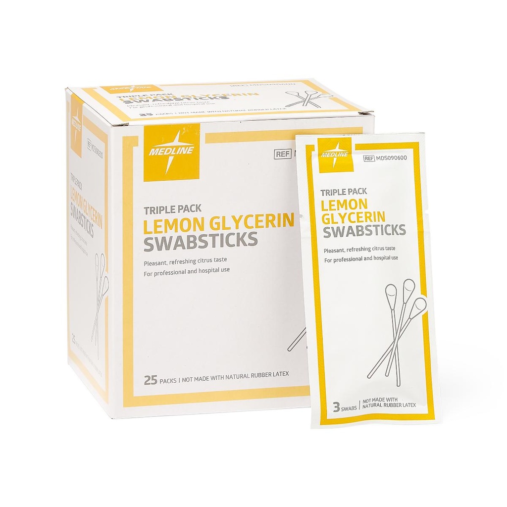 Medline Lemon Glycerin Swabsticks, 3/PK, 25 PK / Box