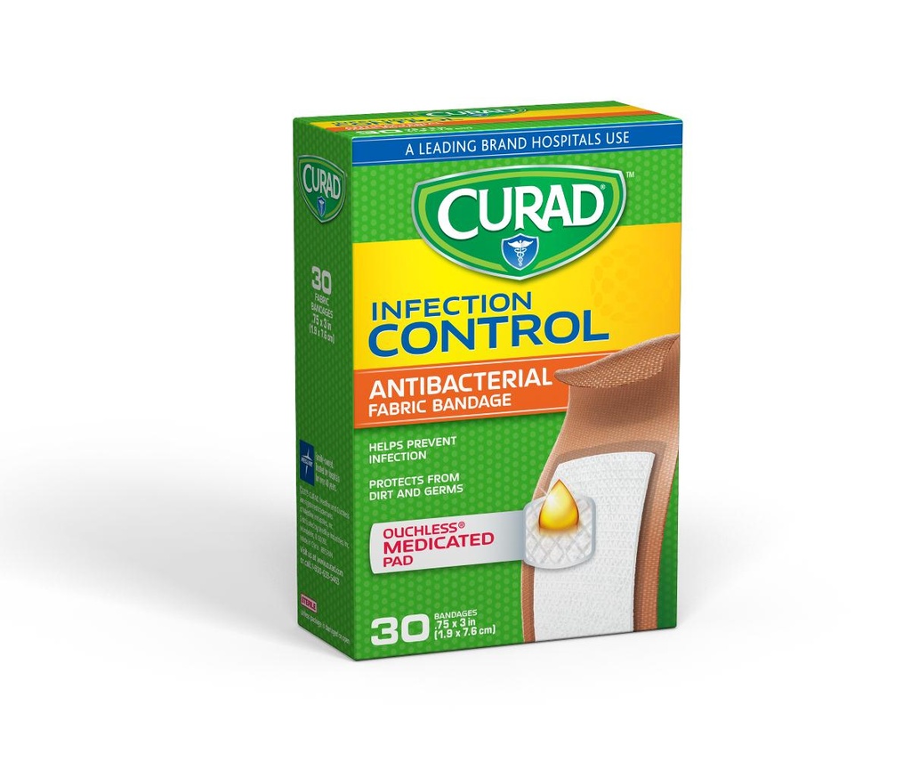 CURAD Infection Control Antibacterial Fabric Bandages, 3/4" x 3"