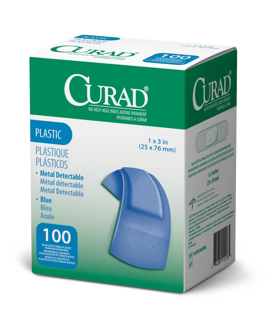 CURAD Food Service Metal-Detectable Blue Plastic Adhesive Bandage, 1" x 3