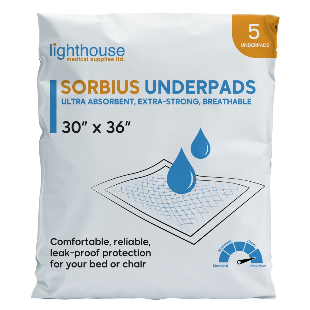 Sorbius Extra-Strength 300lb Breathable Underpad, 30" x 36'' (Bag of 5)