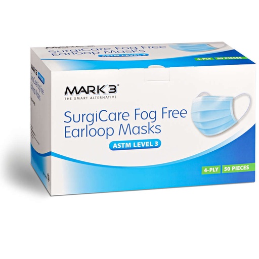 [100-1974BL] SurgiCare Fog Free Earloop Face Masks ASTM Level 3, 50/box, Blue, double band