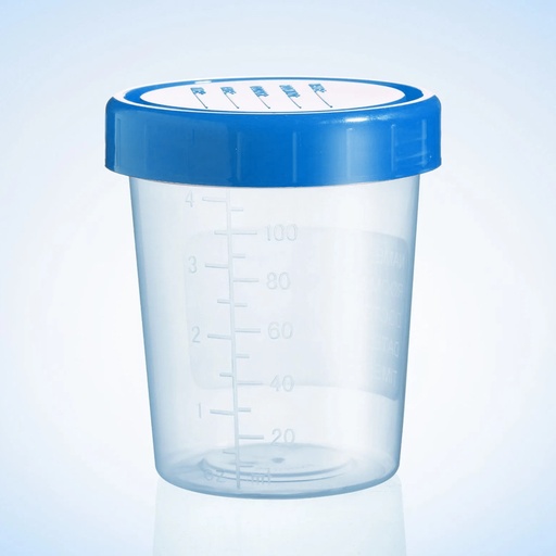 [H1015] Specimen Container blue cap individually packed, sterile, 100-120ml, case of 100