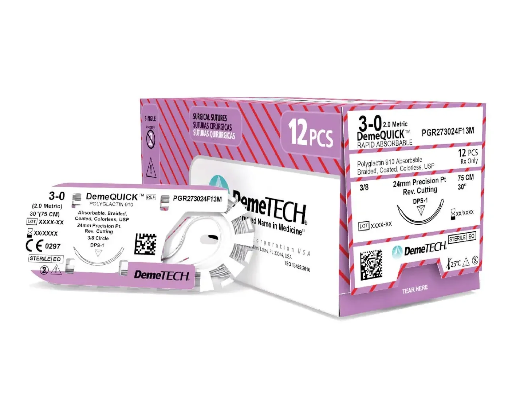 [PGR176011F13M] DemeQUICK Rapid Absorbable Suture USP 6/0 45cm Thread length (11MM / 3/8 CIRCLE / PRECISION POINT REVERSE CUTTING NEEDLE) - BOX OF 12 PIECES